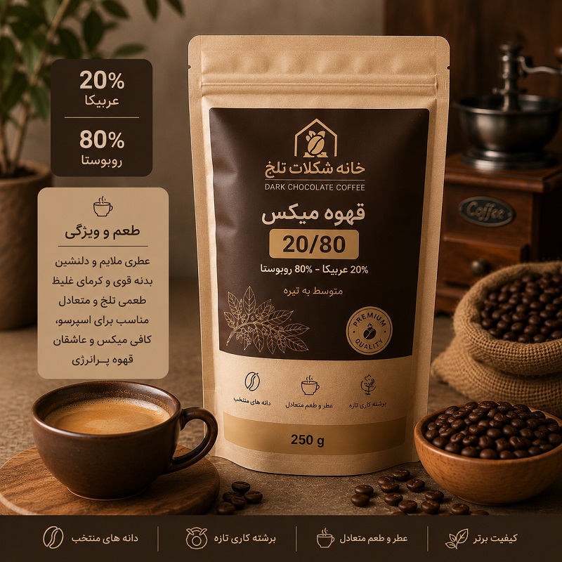 دانه قهوه میکس ویژه 20٪ عربیکا 80٪ روبوستا