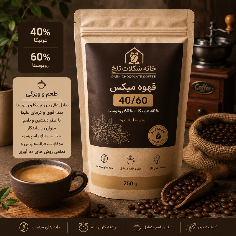 دانه قهوه میکس ویژه 40٪ عربیکا 60٪ روبوستا